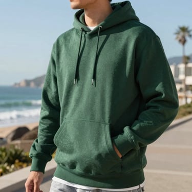 Men's hoodie, casual streetwear style, dynamic outdoor lighting