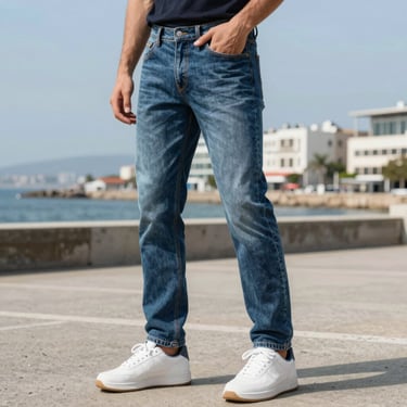 Men's denim pants, classic fit, urban background
