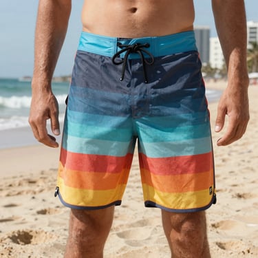Men's boardshorts, surf style, beach sand background
