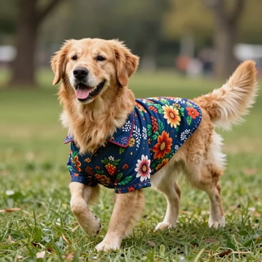 Golden Retriver con lindo chaleco floreado paseando alerta en el campo