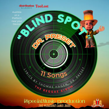 Album cover for Blind Spot by Dr. Preset featuring a reggae vinyl record and a cartoon character.