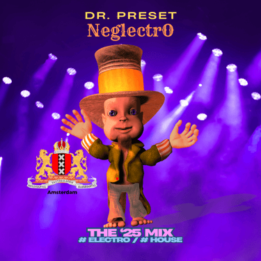 Dr. Preset Neglectro album cover featuring a cartoon character in a top hat on a purple stage with house music text.