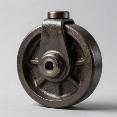 Studio shot of a heavy-duty cast iron caster wheel on a clean light-grey background, showing robust double-ball raceway.