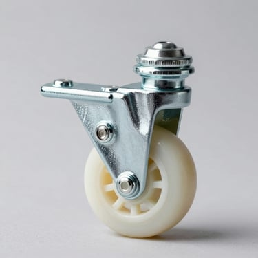 Studio product shot of a solid white nylon light-duty caster wheel, zinc-plated steel bracket, high-contrast side-lighting, isolated on a clean light-grey background.
