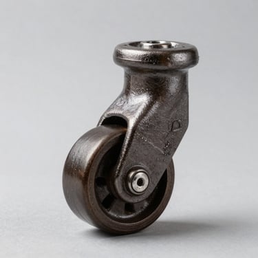 Studio product shot of a heavy-duty cast iron industrial caster wheel, rugged metallic finish, clean light grey background.