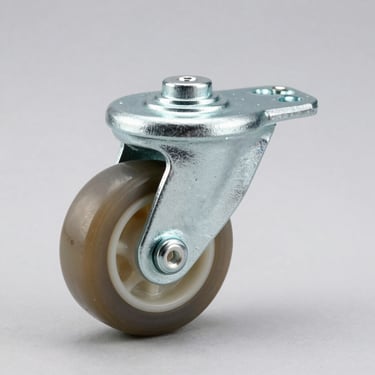 Studio shot of a heavy-duty polyurethane caster wheel on a clean light-grey background, showing steel swivel top plate.