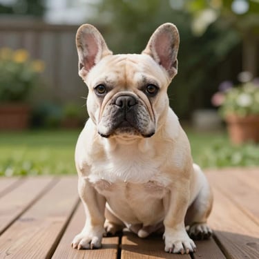 A French Bulldog puppy sitting on a clean wooden deck in a sunlit garden, focusing on its clear eyes and healthy respiratory structure.