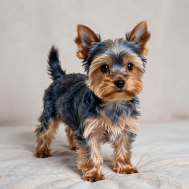 A Yorkshire Terrier puppy with silky steel-blue and tan coat, standing elegantly on a soft light-colored blanket under natural light.