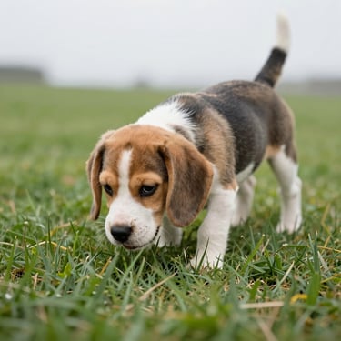 A tricolor Beagle puppy exploring a lush green lawn, sniffing gently, bright overcast natural light, candid shot.