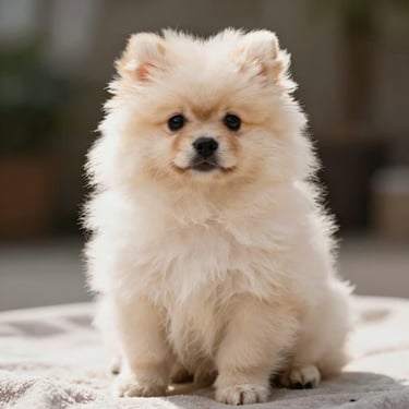 Expressive Pomeranian puppy with a dense, clean cream coat sitting on a soft light-colored blanket, soft daylight