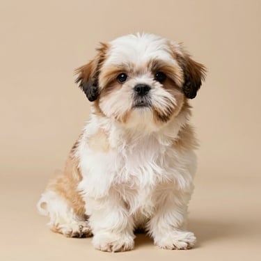 A sweet Shih Tzu puppy with a perfectly groomed coat, sitting calmly on a warm beige surface under soft daylight.