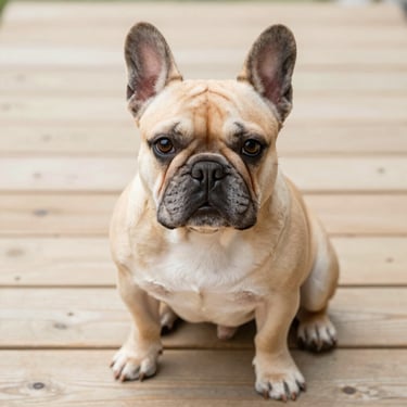 French Bulldog puppy with clear, healthy skin and expressive eyes sitting on a light wooden deck