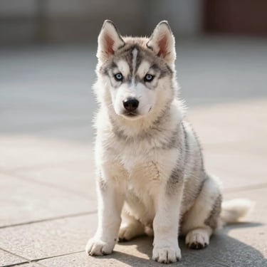 A Siberian Husky puppy with striking clear eyes sitting on clean light stone tiles, soft natural morning light.