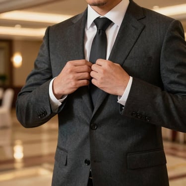 A close up of a professional MC in a dark charcoal suit adjusting their lapel before stepping onto a stage in a North American / US hotel ballroom. Muted gold light reflects off the polished floor.