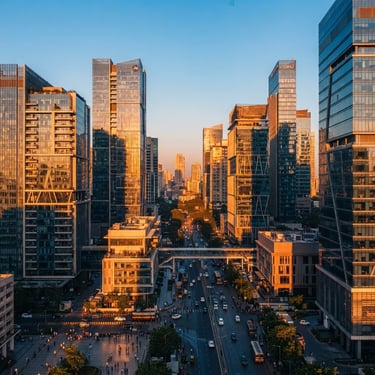 Wide-angle editorial corporate photography of a modern Mumbai business district at sunrise, sharp geometric shadows, warm orange sunlight hitting glass facades, 35mm