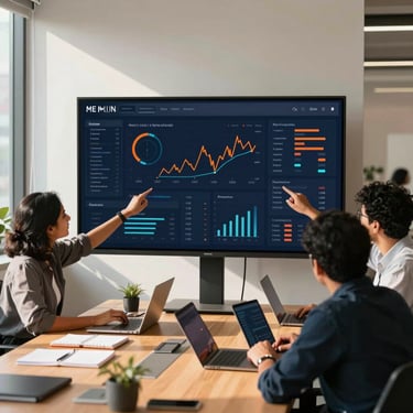 A bright, high-contrast photo of a creative team analyzing digital marketing dashboards on a large screen in a modern Bengaluru office, warm natural sunlight, sharp shadows, 35mm