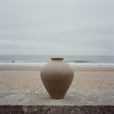 Moody film photograph of a minimalist ceramic vase on raw concrete, overcast coastal daylight, desaturated sand tones, high contrast