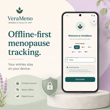 A smartphone displaying the VeraMeno menopause tracking app interface with offline data privacy features.
