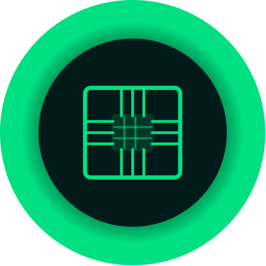A green CPU microchip icon inside a circular digital frame symbolizing technology and processing.