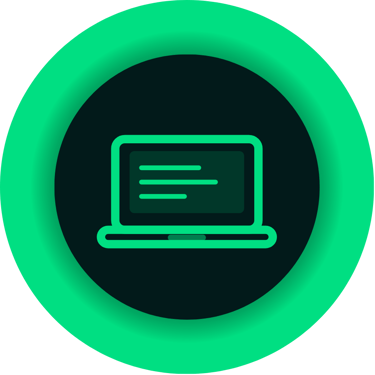Neon green laptop icon with text lines inside a circular border for software development and coding.