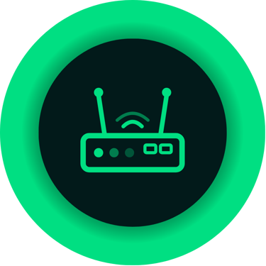 Green glowing wireless router icon representing high-speed internet connectivity and network hardware.