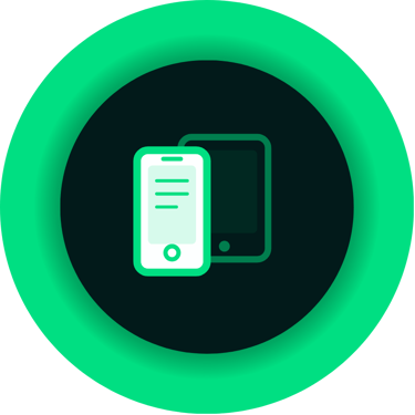 Green and white mobile device icons on a black circular background representing responsive web design.