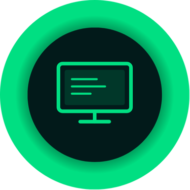 Green computer monitor icon with code lines on screen inside a circular tech frame.
