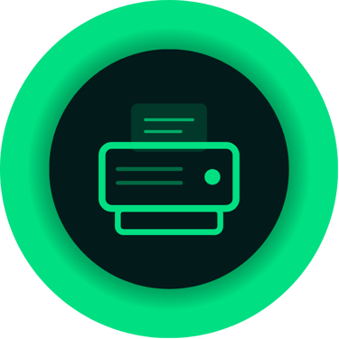 A green printer icon centered in a dark circle with a vibrant green neon glow border.