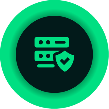 Green web server icon with a security shield and checkmark symbolizing secure data storage and protection.