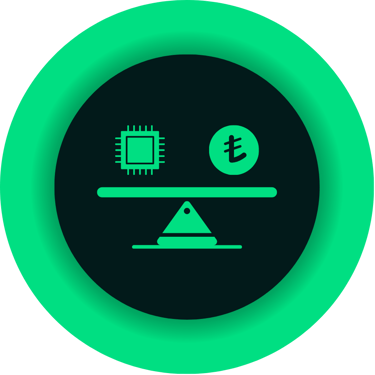 Digital balance scale icon showing a computer chip and currency symbol for fintech hardware value.