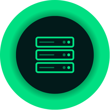 Green database server icon on a dark background for cloud storage and web hosting services.