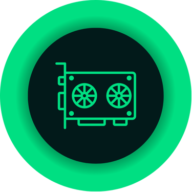 Green graphics card icon inside a circular neon border for gaming hardware and GPU technology.