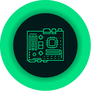 Green line art illustration of a computer motherboard icon inside a glowing circular frame.