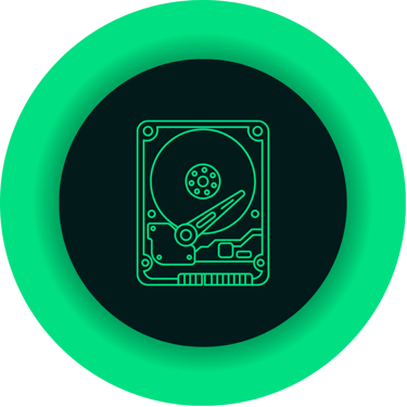 Green hard drive icon with computer storage disk and mechanical arm on a black background.