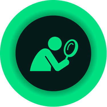 Green search icon featuring a person looking through a magnifying glass inside a circular frame.
