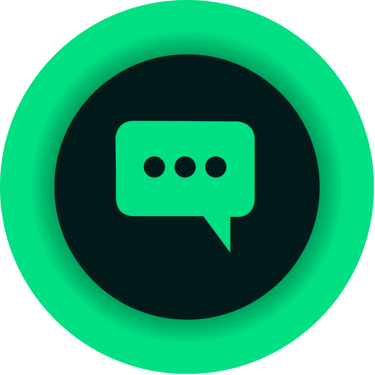 Green chat bubble icon with three dots inside a circular frame for online messaging and communication.