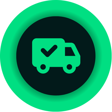 Green delivery truck icon with a checkmark symbol inside a circular badge for verified shipping.