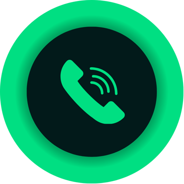 Green telephone handset icon with signal waves on a black circular background for contact us and customer support.
