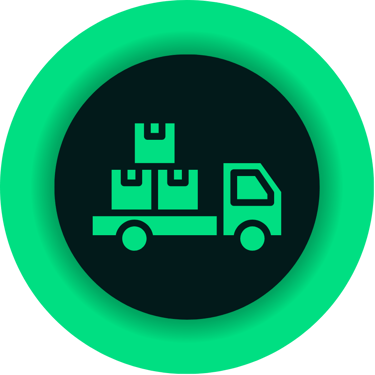 Green delivery truck icon carrying cardboard boxes for logistics and shipping services.