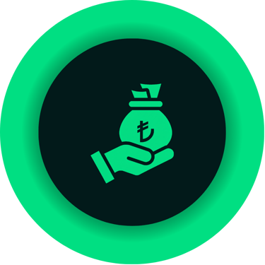 Green icon of a hand holding a money bag with the Turkish Lira currency symbol inside a circle.