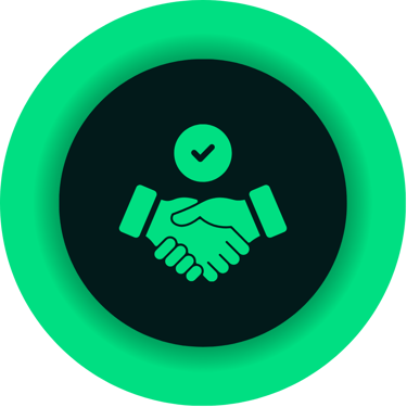 A green handshake icon with a checkmark inside a circular frame, symbolizing a successful business partnership.