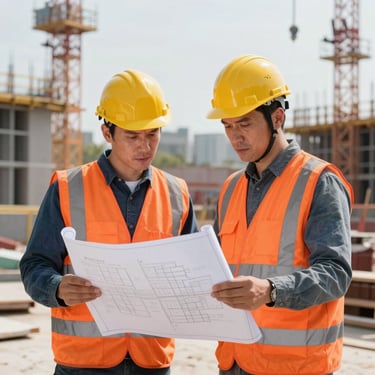 Two engineers wearing high-visibility orange vests and hardhats reviewing physical blueprints on an active civil engineering construction site.
