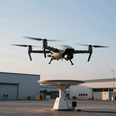 A sleek surveillance drone taking off from a docking station in a modern industrial zone in Abidjan at dawn, light blue morning sky.
