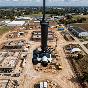 A wide aerial shot of a large construction site in Angré captured by a high-definition drone camera during the day.