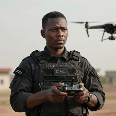 An African Ivorian security specialist in a tactical uniform using a joystick to pilot a drone, focused expression, cinematic lighting.