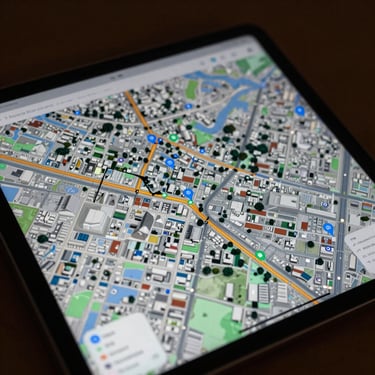 Close-up of a high-tech digital tablet showing a real-time holographic map of an urban Ivorian district with GPS tracking markers.