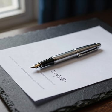 Detailed shot of a silver fountain pen resting on a signed corporate agreement, soft shadows, elegant slate background, 35mm lens.