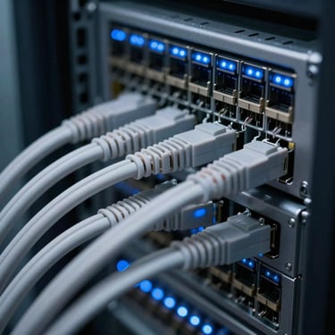 Cool-toned close-up of structured Cat6 cabling in a server rack, perfectly dressed and combed, blue status LEDs blinking in the background.