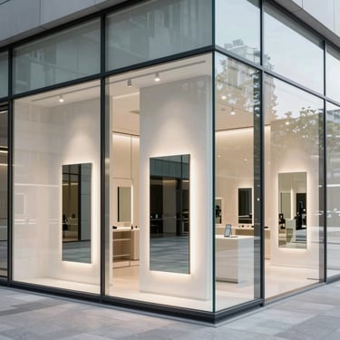 Modern minimalist luxury retail store interior with glass facade and backlit wall mirrors.