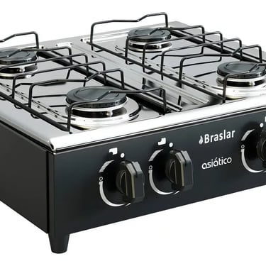 Fogão Cooktop de Mesa Portátil Asiático com Mesa Inox 4 Bocas Á gás Acendimento Manual Braslar Preto